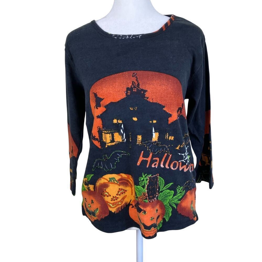 Vintage Jane Ashley Sz M Halloween Shirt Black Orange Beaded Haunted House